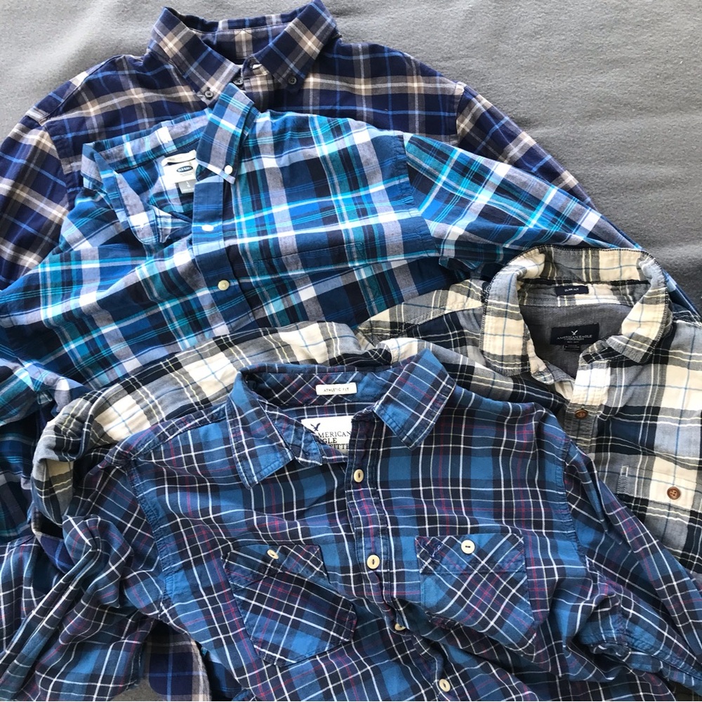 Lot of 4 mens button up plaid shirts, Large Slim Fit, Old Navy, American Eagle